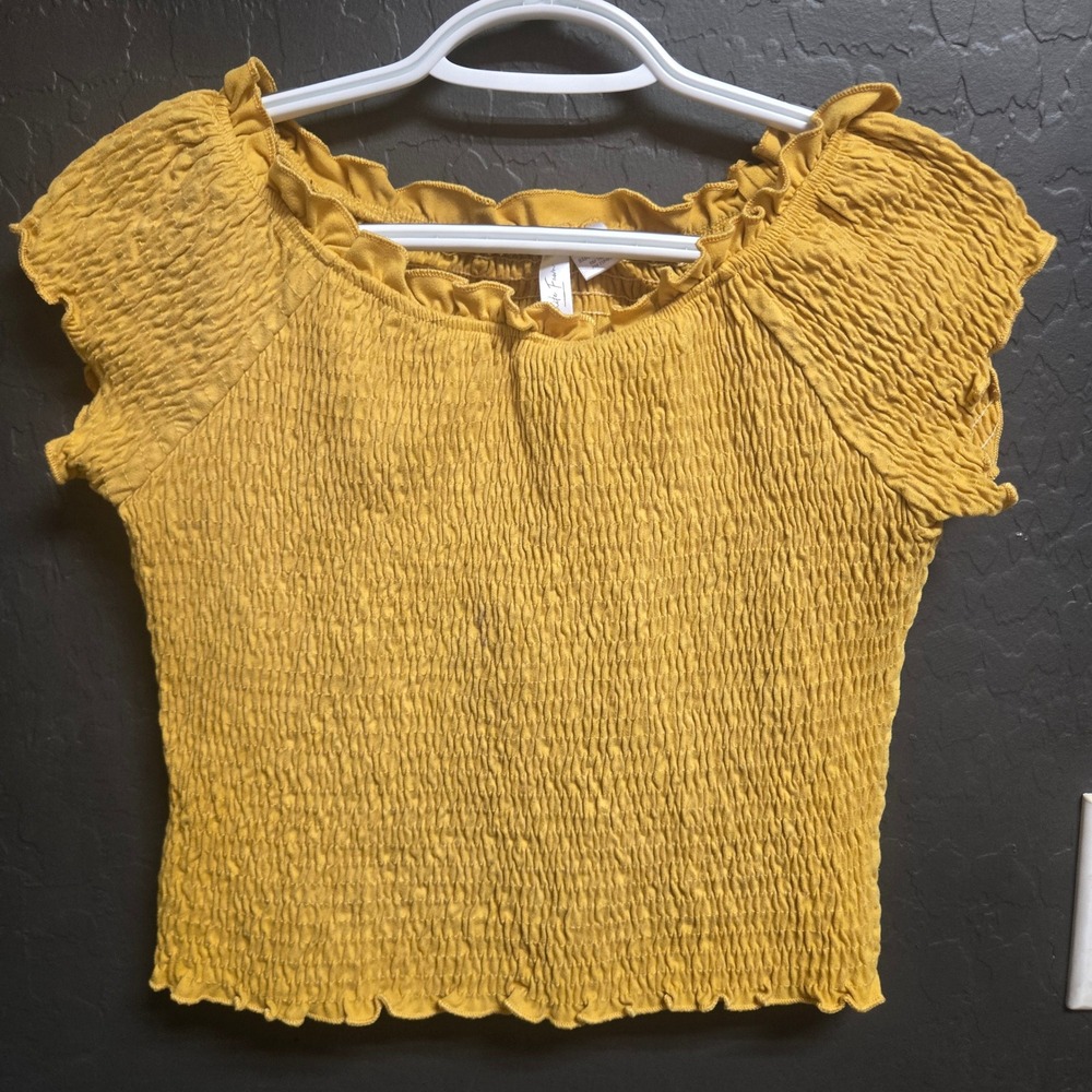White Fawn Mustard Yellow Smocked Ruffle Top Short‎ Sleeve Boho Blouse Large